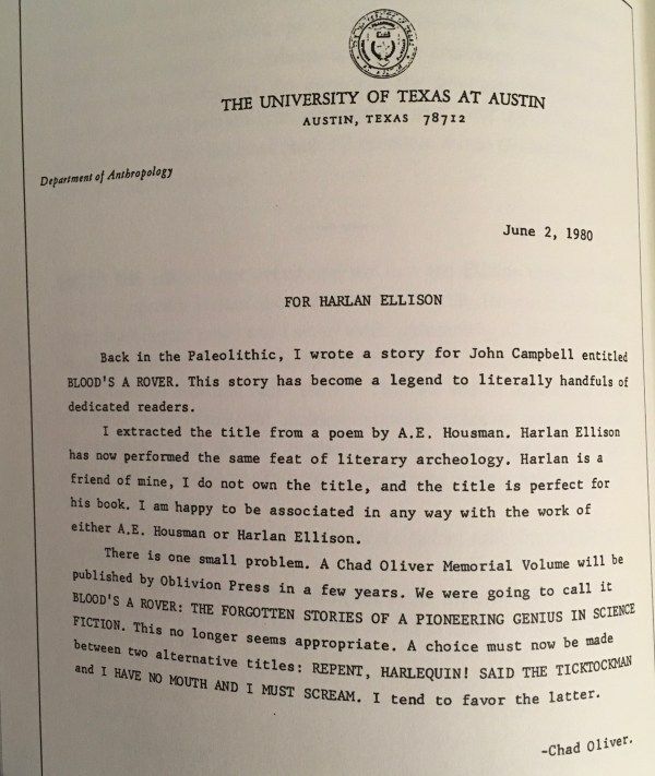 chad oliver note to harlan ellison